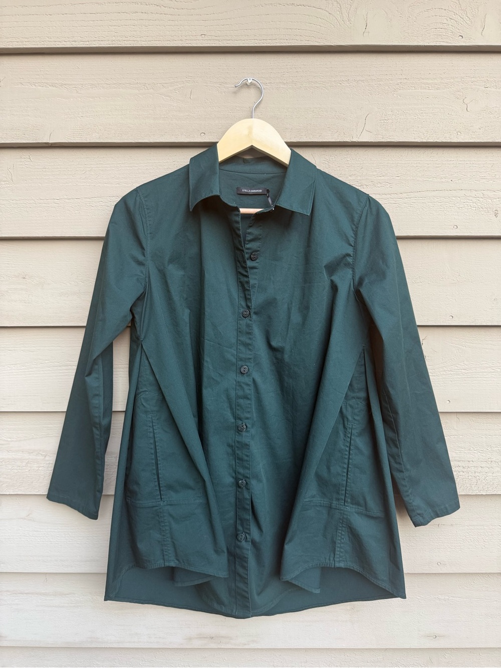 Stella Carakasi – Hunter Green Button-Down Tunic Shirt, Size XS
